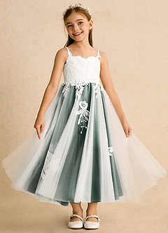 Azazie Coraline Flower Girl Dresses Ivory Emerald A-Line Lace Dress image3