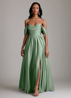 Azazie Loisa Bridesmaid Dresses Matcha A-Line Off the Shoulder Stretch Satin Dress image7