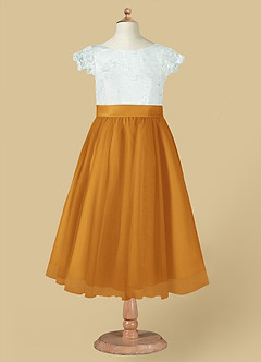 Azazie Vetty Flower Girl Dresses Ivory Butterscotch A-Line Lace Tulle Dress image12