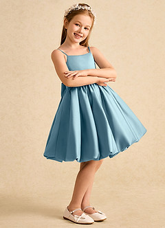 Azazie Davine Flower Girl Dresses Moody Blue A-Line Spaghetti Strap Matte Satin Dress image6
