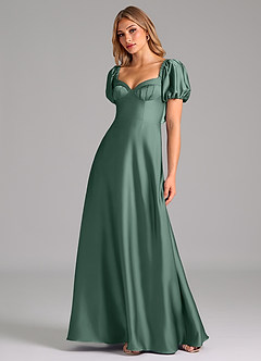 Azazie Fatima Bridesmaid Dresses Eucalyptus A-Line Pleated Stretch Satin Dress image4