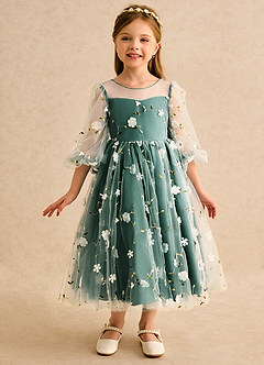 Azazie Elowen vestidos de niña de las flores Vestido de Esmeralda de Encaje de Corte en A con Escote de Corazón image3
