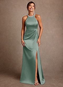 Azazie Lawrence Mother of the Bride Dresses Silver Sage A-Line Pleated Stretch Satin Dress image1