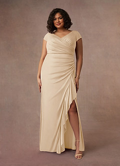 Azazie Roya Mother of the Bride Dresses Champagne Mermaid V-Neck Pleated Mesh Dress image7