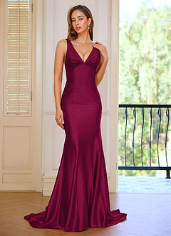 Marina Burgundy Wrinkle Deep V-neck Mermaid Prom Dress image3