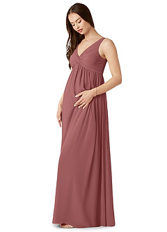 Azazie Yetta Maternity Bridesmaid Dresses A-Line V-Neck Gathered Chiffon Floor-Length Dress image4