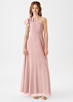 Azazie Arabella Junior Powder Pink A-Line Ruched Chiffon Dress image3