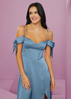 Barbie ♥ Azazie Brautjungfernkleider A-Linie Schulterfrei Stretch-Satin Kleid Stahlblau image5