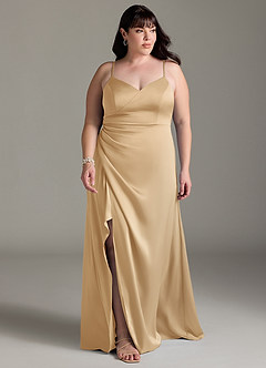 Azazie Marchella Bridesmaid Dresses Gold A-Line Corset Stretch Satin Dress image7
