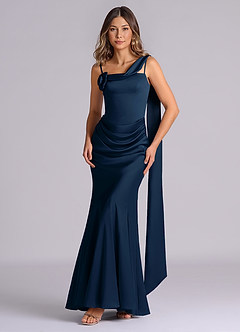 Azazie Inara Robes de demoiselle d'honneur Robe Sirène en Satin extensible Plissée Bleu Marine Foncé image1