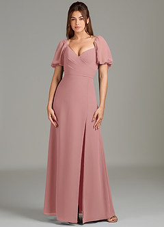 Azazie Phylicia At-home Try On Dresses Dusty Rose A-Line Bow Chiffon Dress image2