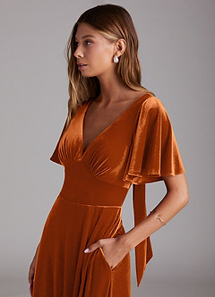 Azazie Kimber Vestidos de damas de honor Vestido de Naranja Quemada de terciopelo de Corte en A con Con bolsillos image6