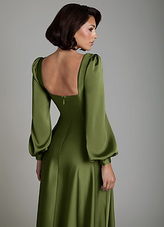 Azazie Solana Bridesmaid Dresses Olive A-Line Long Sleeve Stretch Satin Dress image4