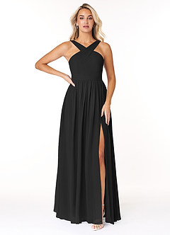 Azazie Elvira Bridesmaid Dresses Black A-Line Pleated Chiffon Dress image1