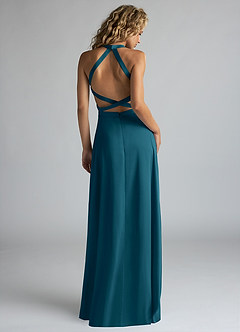 Azazie Clarice Bridesmaid Dresses Ink Blue A-Line High Neck Stretch Satin Dress image3