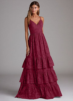 Azazie Nathalia Bridesmaid Dresses Burgundy A-Line Bow Floral Burnout Dress image4