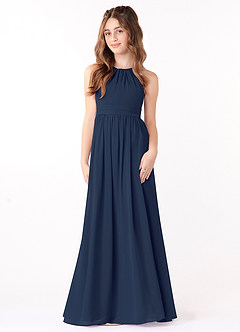 Azazie Jaylah Junior Dark Navy A-Line Ruched Chiffon Dress image2