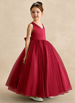 Azazie Peanut Robe Demoiselle D'honneur Fillette Robe Trapèze en Tulle Bretelle Écarlate image2