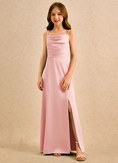Azazie Chamomile Girls Formal Robe Demoiselle D'honneur Fillette Robe Trapèze en Satin extensible Plissée Rose Poudré image4