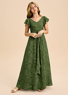 Azazie Omari Junior Olive A-Line Pleated Floral Burnout Dress image1