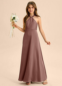 Azazie Beah Junior Espresso A-Line Pleated Stretch Satin Dress image3