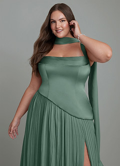 Azazie Stephanie Vestidos de damas de honor Vestido Eucalipto de Satén Elástico de Línea A con Plisado image13