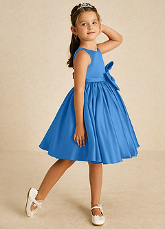 Azazie Apple Flower Girl Dresses Blue Jay A-Line Bow Matte Satin Dress image3