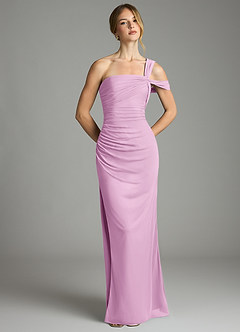 Azazie Tati Final Sale Candy Pink Sheath Off the Shoulder Mesh Dress image2