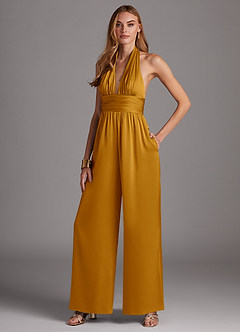 Azazie Oli Bridesmaid Dresses Butterscotch Pleated Stretch Satin Jumpsuit image4
