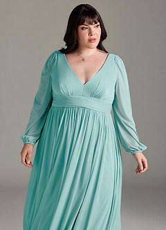 Azazie Norah Bridesmaid Dresses Aqua A-Line V-Neck Long Sleeve Chiffon Dress image12