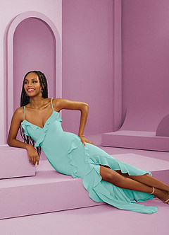 Barbie ♥ Azazie Bridesmaid Dresses Aqua Sheath Chiffon Dress image8