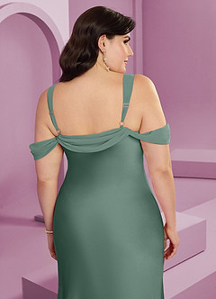 Barbie ♥ Azazie Final Sale Eucalyptus Sheath Pleated Stretch Satin Dress image10