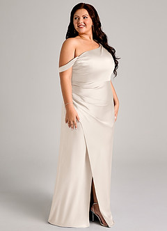 Azazie Madelyn Vestidos de damas de honor Vestido Alabastro Blanco de Satén Elástico de Corte Sirena Convertible con Un hombro image11