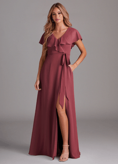 Azazie Lainey Bridesmaid Dresses Merlot A-Line with Pockets Chiffon Dress image1