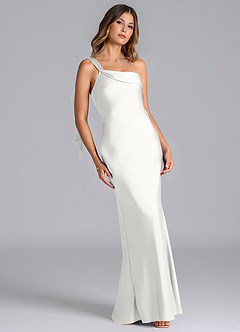 Azazie Driea Robes de demoiselle d'honneur Robe Sirène en Satin extensible Asymétrique Blanc image1