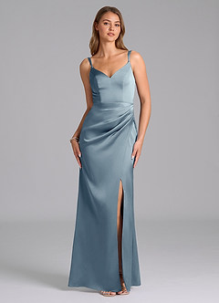 Azazie Leo Final Sale Dusty Blue Sheath Pleated Stretch Satin Dress image1