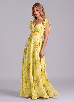 Azazie Leilani Vestidos de damas de honor Vestido de Sorbete De Limón Con Flores de Gasa de Corte en A con Plisado image3
