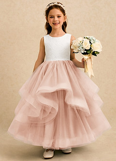 Azazie Madison Abiti da Ragazza di Fiori Abito Principessa in Tulle Pizzo Avorio Rosa Inglese image1