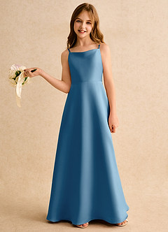 Azazie Joella Girls Formal Flower Girl Dresses Steel Blue A-Line Pleated Matte Satin Dress image2