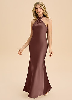 Azazie Chickie Junior Espresso Sheath Pleated Stretch Satin Dress image5