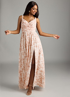 Azazie Chanel Bridesmaid Dresses Pink Fern Floral A-Line Pleated Chiffon Dress image4