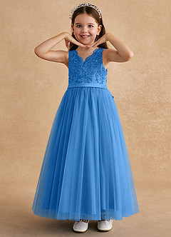 Azazie Cinna Flower Girl Dresses Blue Jay A-Line Lace Tulle Dress image5