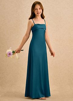 Azazie Mirabella Girls Formal vestidos de niña de las flores Vestido Azul Tinta de Satén Elástico de Recto con Escote corazón image4