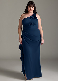 Azazie Latrice Bridesmaid Dresses Dark Navy Sheath One Shoulder Cascading Ruffles Stretch Satin Dress image6