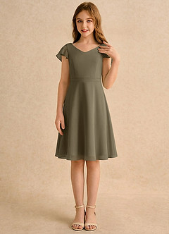 Azazie Narin Girls Formal Robe Demoiselle D'honneur Fillette Robe Trapèze en Mousseline de soie avec manches Vert Saule image4