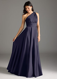Azazie Charlize Robes de demoiselle d'honneur Robe Trapèze en Satin extensible Ue épaule Bleu Orageux image2