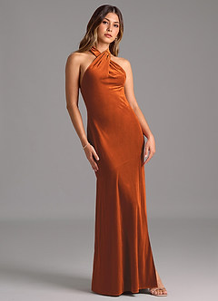 Azazie Drita Bridesmaid Dresses Burnt Orange A-Line Pleated Velvet Dress image5