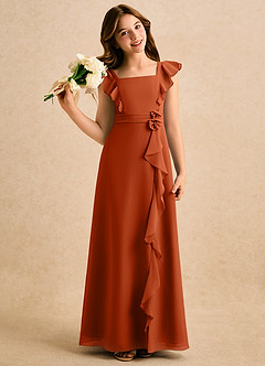 Azazie Soso Girls Formal Robe Demoiselle D'honneur Fillette Robe Trapèze en Mousseline de soie Plissée Orange Brûlée image1