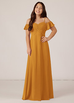 Azazie Juna Junior Robe Trapèze en Mousseline de soie Épaule décolletée Caramel écossais image1