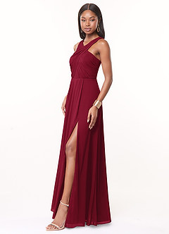 Azazie Brandie Vestidos de damas de honor Vestido de Borgoña de Chifón elástico de Corte en A con Plisado image3
